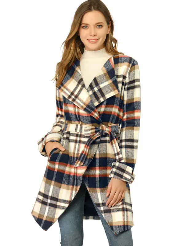 Women's Shawl Collar Belted Asymmetrical Hem Plaid Coat sold by Allegra K