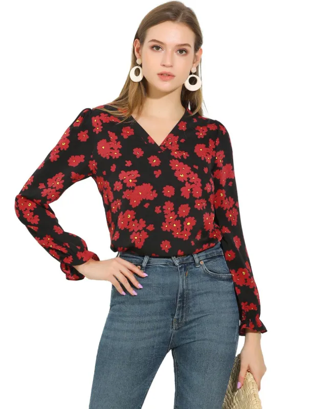 Women's V Neck Ruffled Long Sleeve Daisy Floral Print Blouse sold by Allegra K