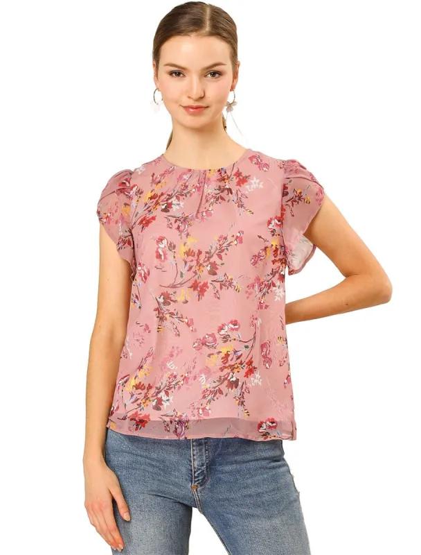 Women's Petal Sleeve Floral Printed Blouse Elegant Chiffon Top Shirt sold by Allegra K