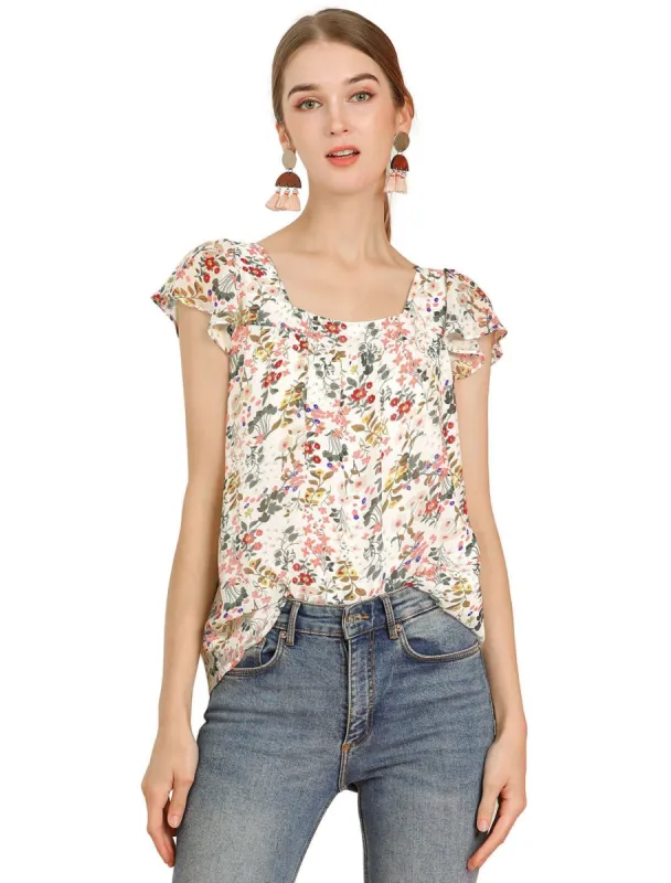 Women's Chiffon Ruffle Sleeve Layered Floral Print Blouse Top sold by Allegra K