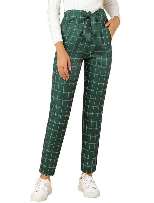 Women's Plaid Self Tie Belt Elastic Waistband Straight High Waist Pants sold by Allegra K