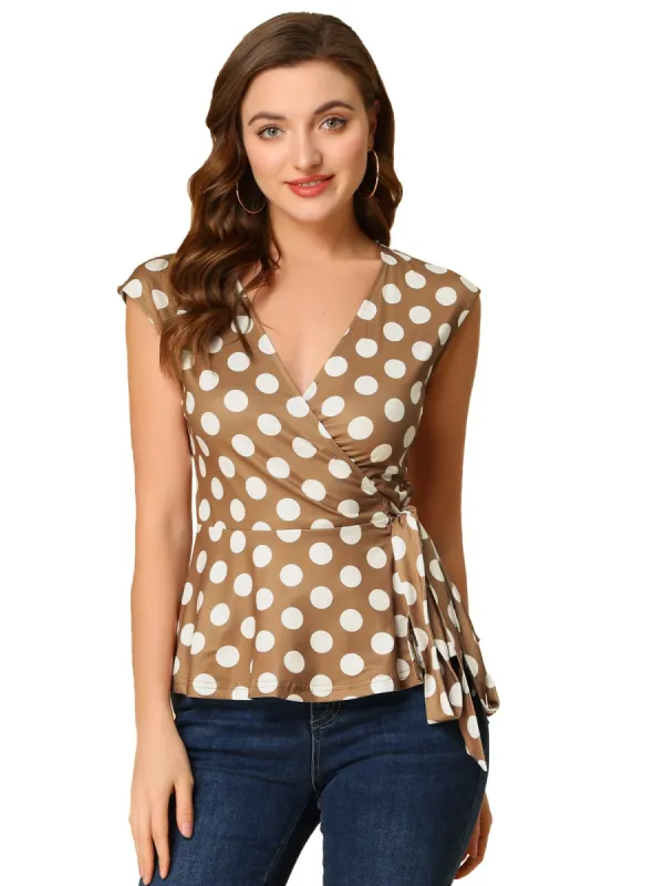 Allegra K V Neck Sleeveless Self Tie Wrap Front Dotted Top sold by Allegra K