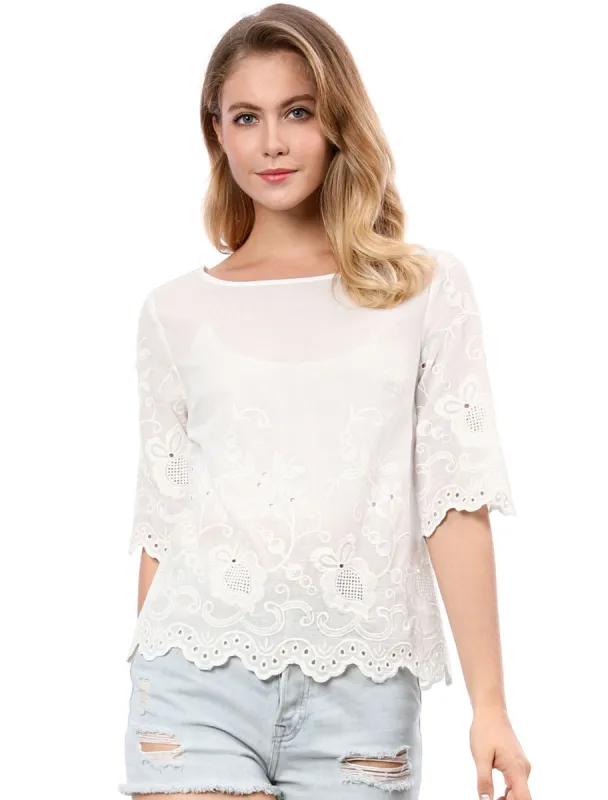 Allegra K Elbow Sleeves Round Neck Embroidery Blouse sold by Allegra K