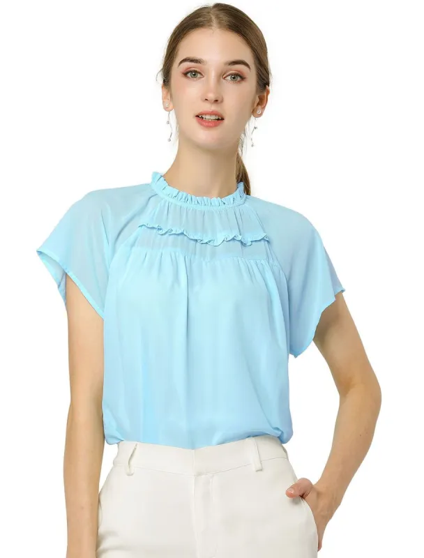 Women's Casual Shirts Short Sleeves Ruched Round Neck Tops with Ruffle Decor sold by Allegra K