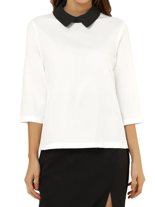 Women 3/4 Sleeves Contrast Collar Polka Dots Blouse Tops sold by Allegra K