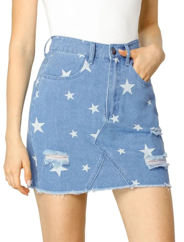 Women's Denim Star Print Washed Ripped Mini Jean Skirt sold by Allegra K