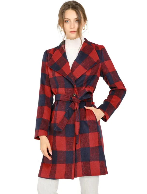 Women's Shawl Collar Lapel Winter Belted Plaid Coat with Pockets sold by Allegra K