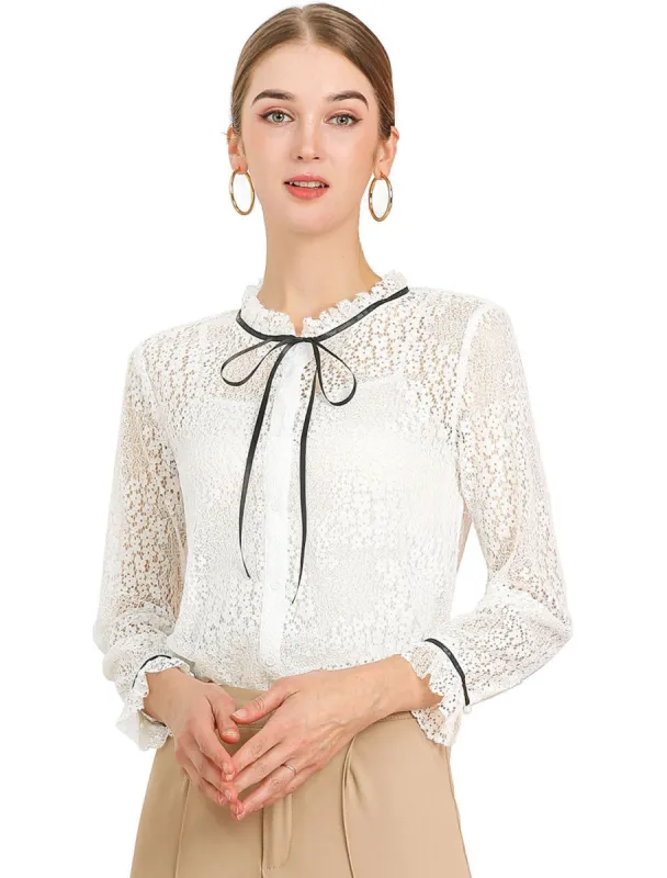 Women's Lace Top Floral Semi Sheer Long Sleeve Button Down Office Business Blouse sold by Allegra K