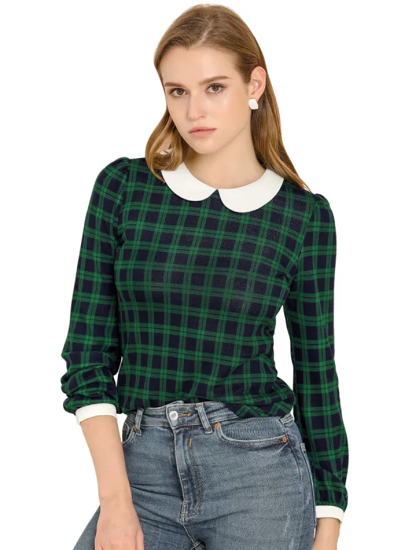 Women's Peter Pan Collar Contrast Puff Sleeve Plaid Shirt Blouse sold by Allegra K