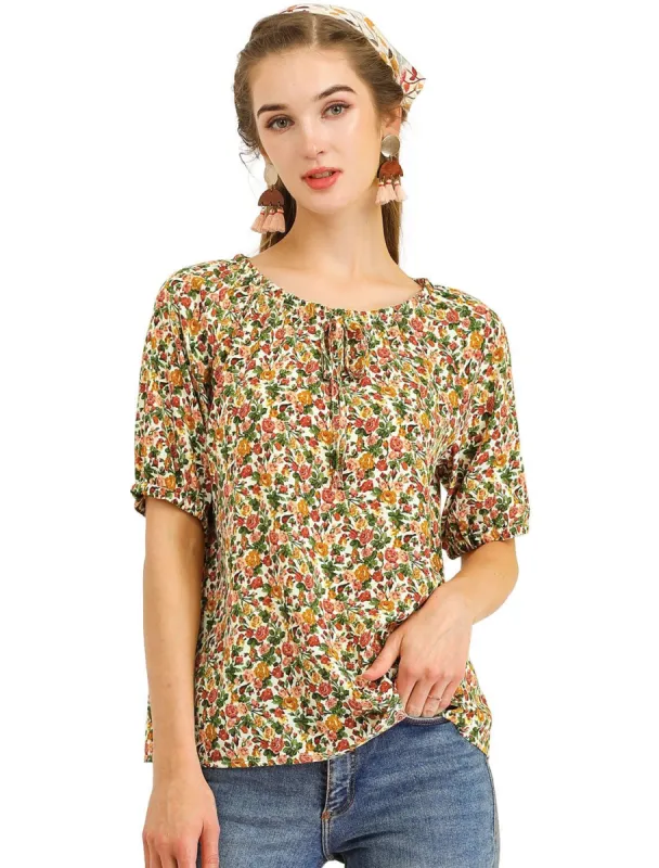Women's Floral Print Tie Neck Blouse Casual Puff Short Sleeve Tops sold by Allegra K