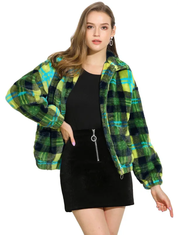 Women's Winter Zip Pocket Plaid Teddy Jacket Oversize Faux Fur Fluffy Short Coat sold by Allegra K