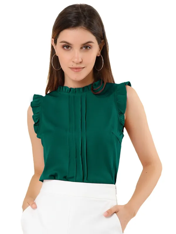 Women's Ruffled Trim Sleeveless Loose Pleated Plain Blouse Top sold by Allegra K
