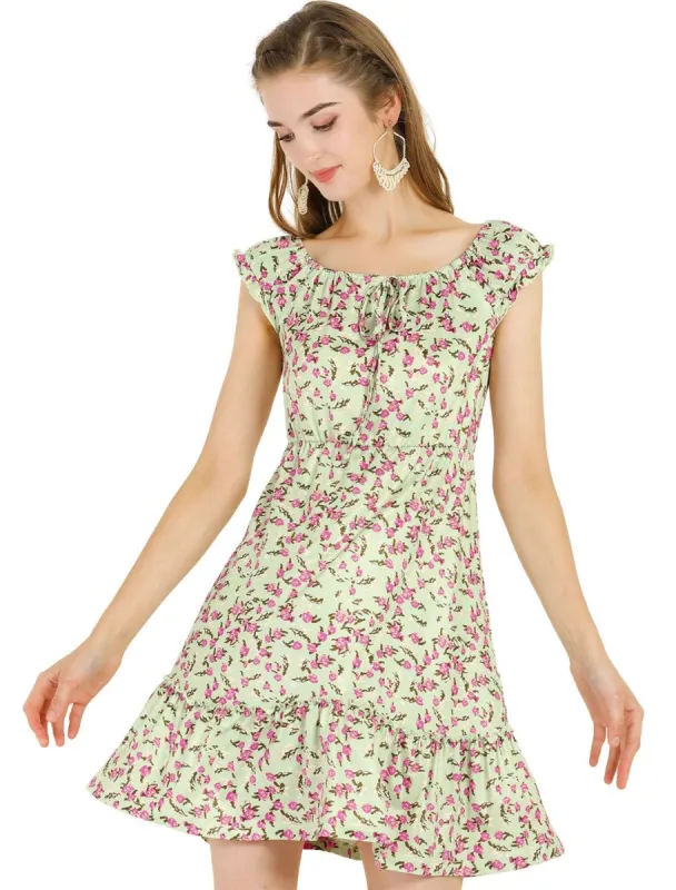 Women's Floral Tie Elastic Boat Neck Tiered Ruffled Hem A-line Dress sold by Allegra K