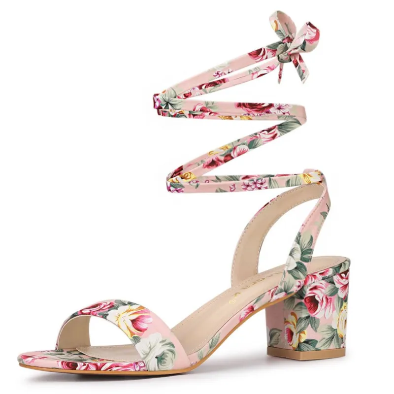 Women's Opened Toe Chunky Mid Heeled Lace Up Sandals sold by Allegra K