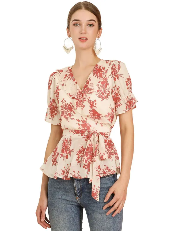 Women's Wrap Peplum Top Blouse Tie Waist Short Sleeve Ruffle Floral V Neck Belted Shirts made by Allegra K