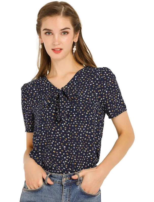 Women's Printed Tie V Neck Short Sleeves Straight Loose Blouse Top sold by Allegra K