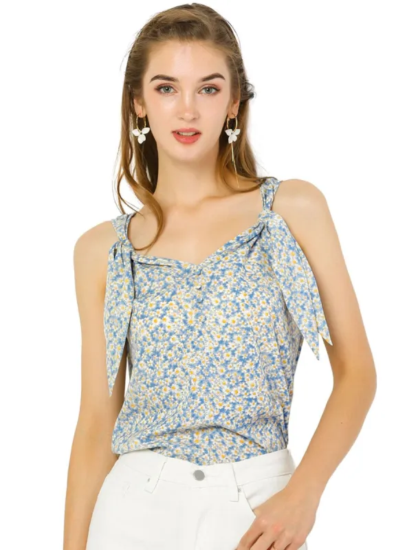 Women's Floral V Neck Knot Shoulder Cami Tank Sleeveless Blouse Top sold by Allegra K