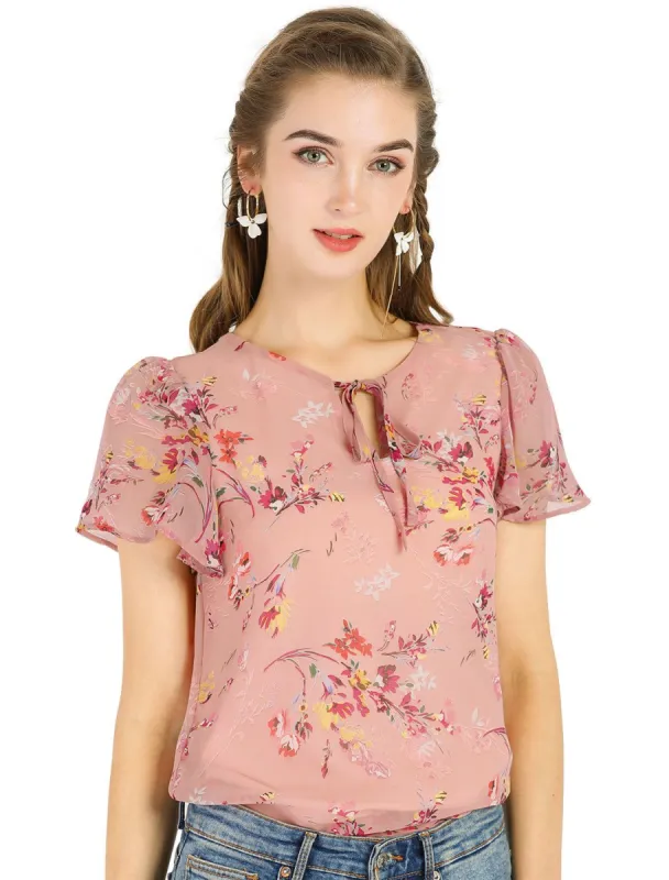Women's Floral Tie V Neck Flutter Sleeves Elegant Top Blouse sold by Allegra K