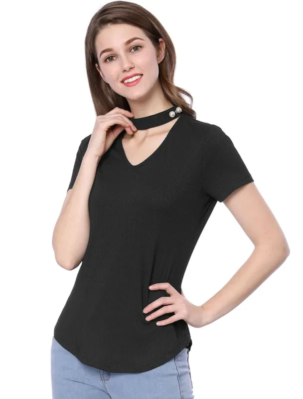 Allegra K Pearl Decor Choker Cut-out V-neck Ribbed Tunic Tops sold by Allegra K