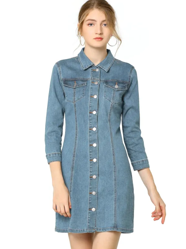 Allegra K 3/4 Sleeve Button Down Denim Shirt Dress sold by Allegra K