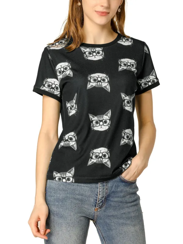 Allegra K Short Sleeve Contrast Trim Cartoon Cat Print T-Shirt sold by Allegra K