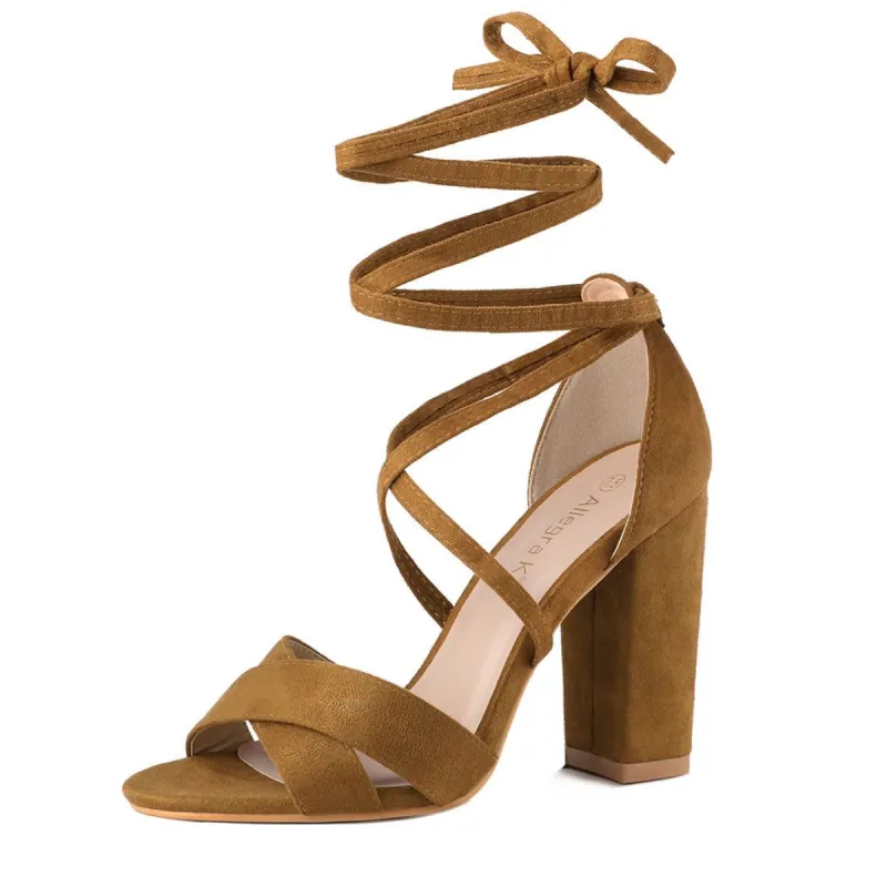 TR4033-7 Women Crisscross Front Block Heeled Lace Up Sandals sold by Allegra K
