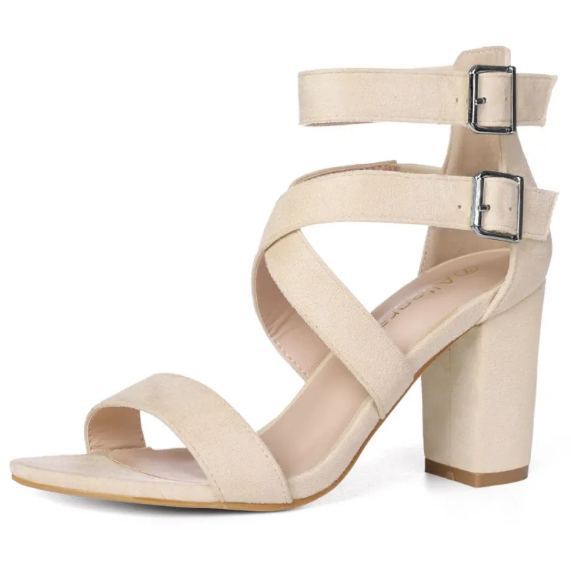 Women Ankle Strap Cross Design Block Heel Sandals sold by Allegra K