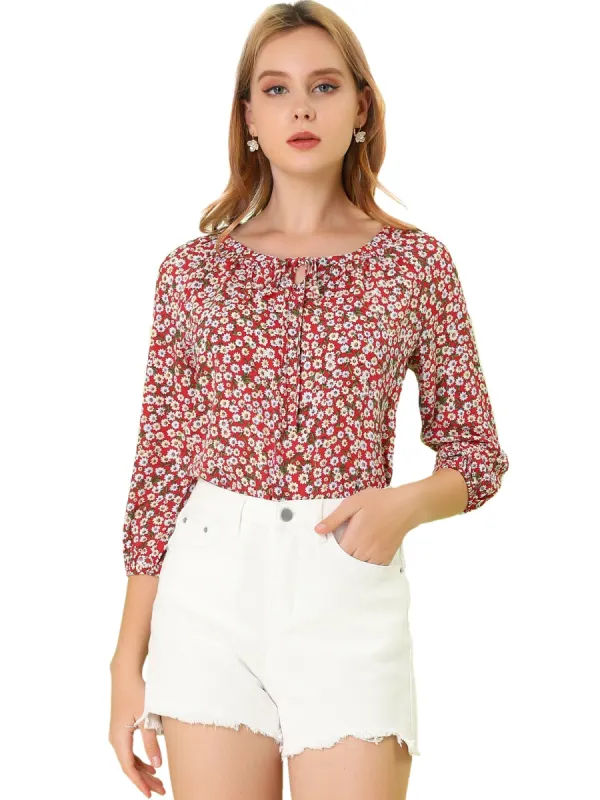 Allegra K Floral Print 3/4 Raglan Sleeve Drawstring Round Neck Blouse sold by Allegra K