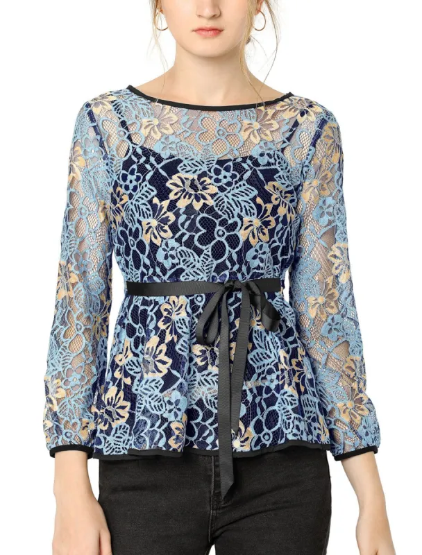 Allegra K Self-Tie Waist Bi-Color Contrast Lace Peplum Top sold by Allegra K