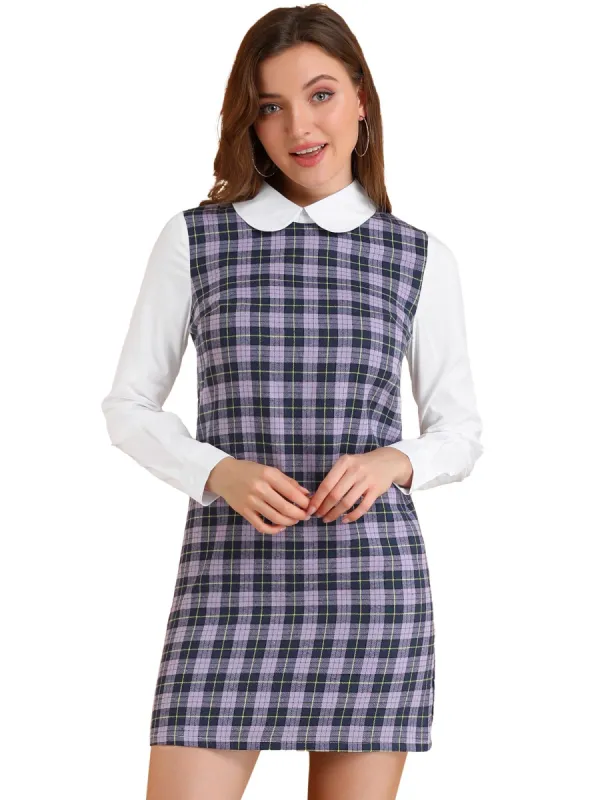 Women's Contrast Peter Pan Collar Long Sleeve Check Shift Dress sold by Allegra K