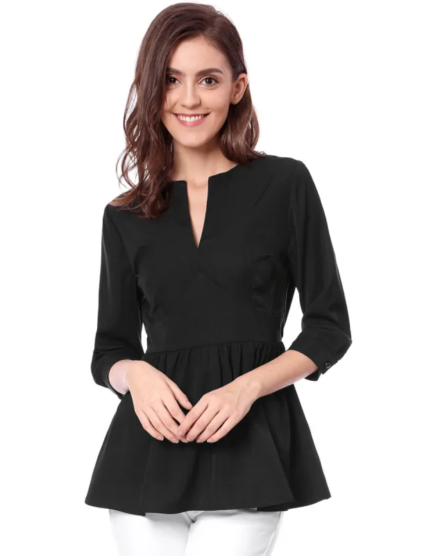 Allegra K V Neck 3/4 Sleeves Button Cuffs Peplum Top sold by Allegra K