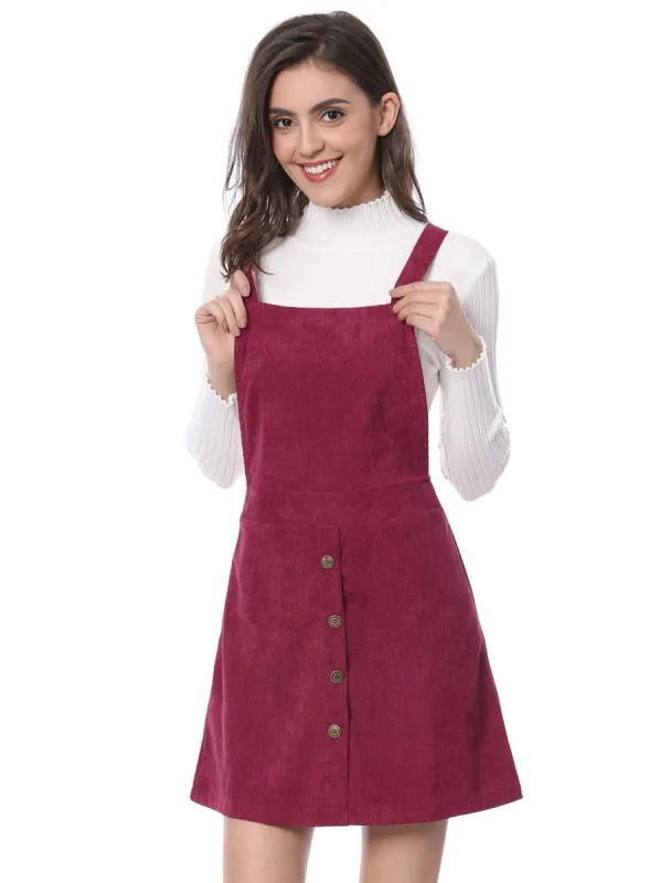Women's Corduroy Button Decor A Line Suspender Overall Skirt Dress made by Allegra K