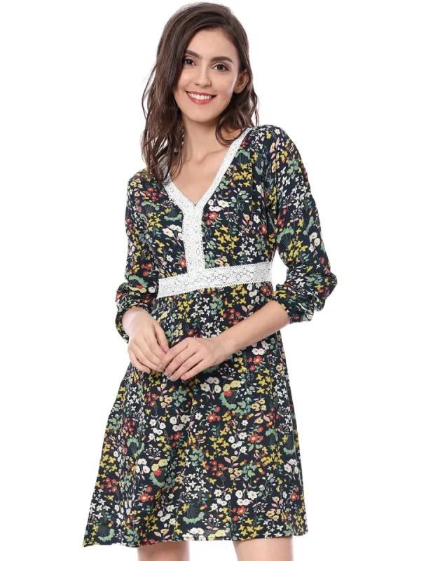 Women Lace V-neck Floral Prints Long Sleeve A-line Dress sold by Allegra K