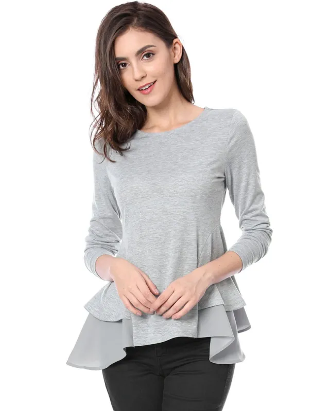 Allegra K Crew Neck Chiffon Ruffled Panel Long Sleeves Top sold by Allegra K