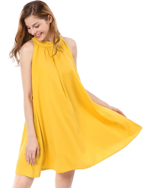 Women Ruffled Neck Belted Above Knee Sleeveless Dress sold by Allegra K
