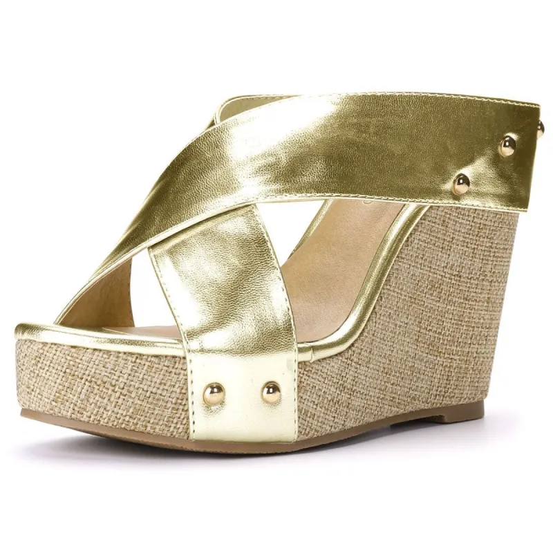 Women Open Toe Linen Platform Slide Wedge Sandals sold by Allegra K