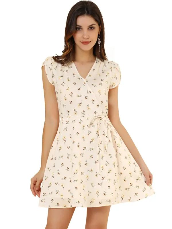 Women Floral Crossover V Neck Petal Sleeves Flowy Dress with Belt sold by Allegra K