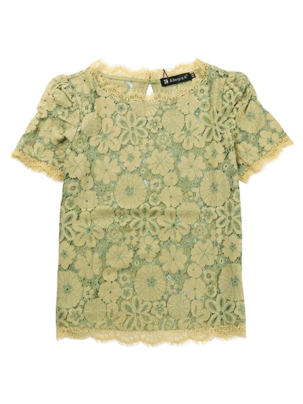 Allegra K Scalloped Trim Short Shirred Sleeves Sheer Floral Lace Top sold by Allegra K