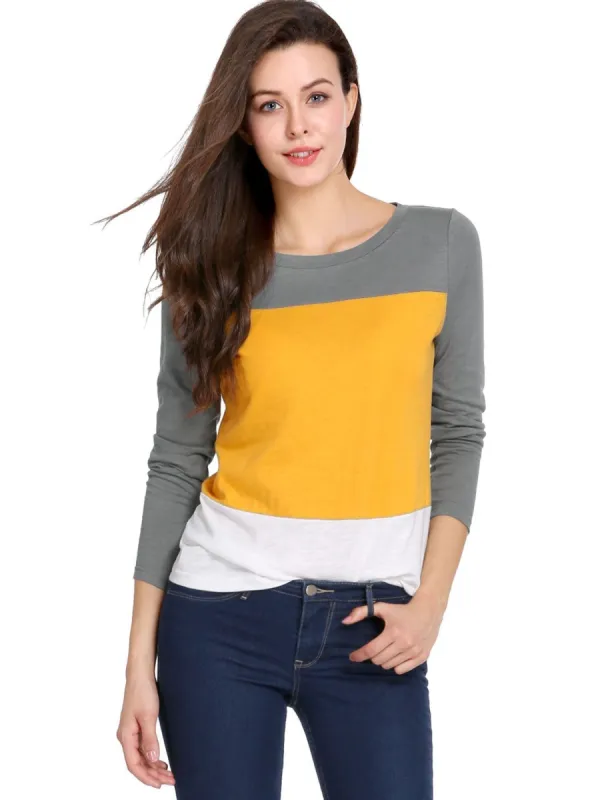 Allegra Crew Neck Color Block Bracelet Sleeves Cotton T-shirt sold by Allegra K