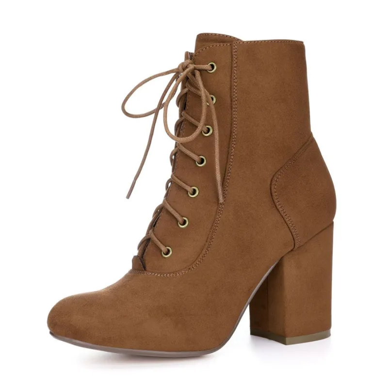 Women's Round Toe Chunky High Heel Lace Up Booties sold by Allegra K