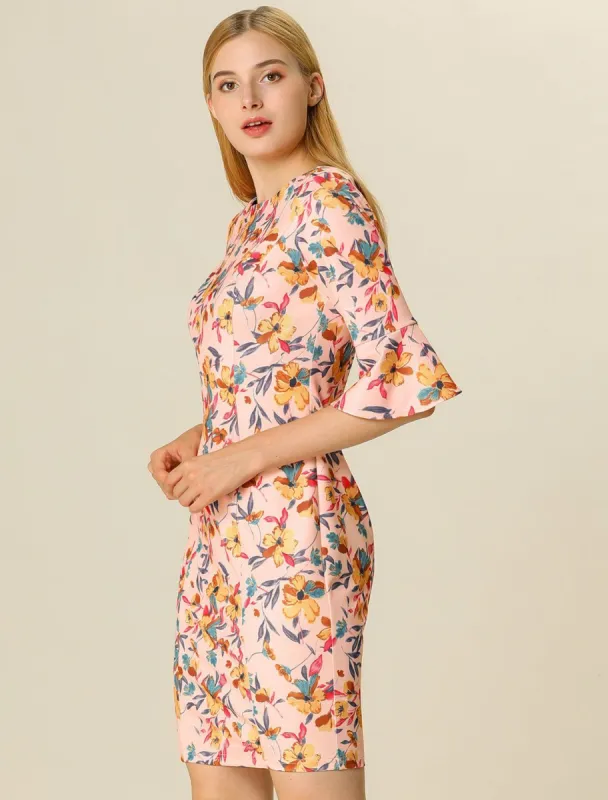 Floral Print Office 3/4 Sleeves Boat Neck Sheath Dress sold by Allegra K