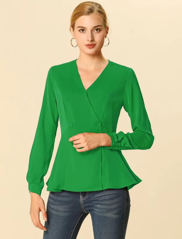 Elegant Peplum Blouse V Neck Button Closure Long Sleeve Top sold by Allegra K