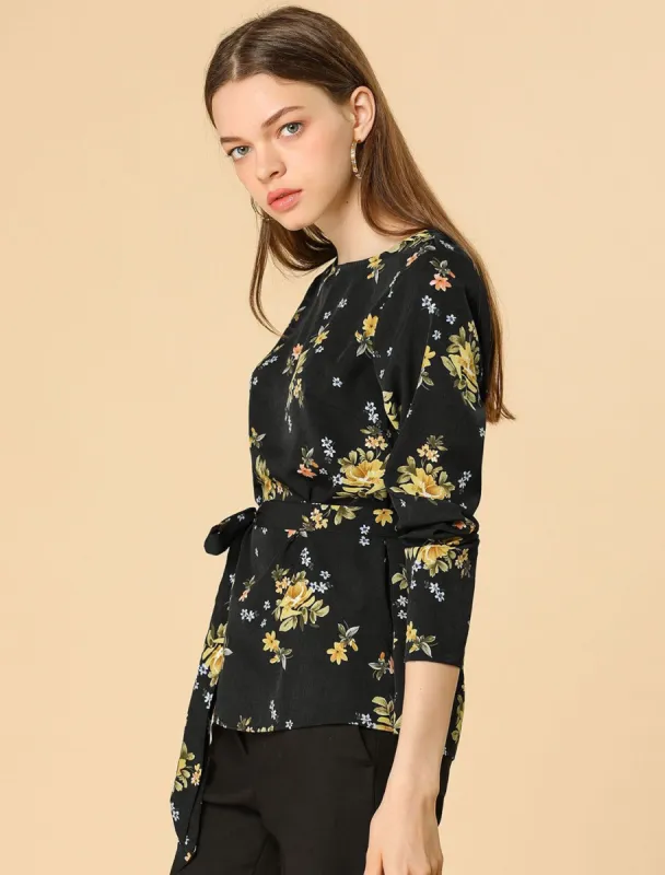 Floral Tie Waist Blouse Belted Vintage Round Neck Work Top sold by Allegra K