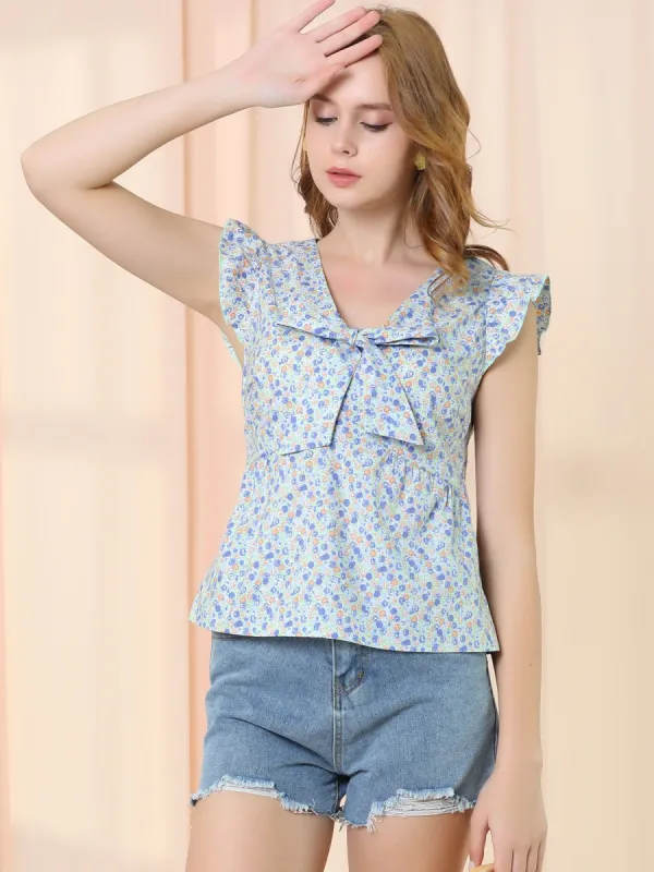 Bow Tie Neck Summer Cute Babydoll Casual Floral Ruffled Sleeve Tops sold by Allegra K