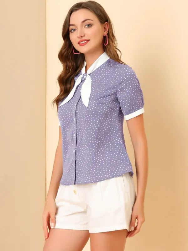 Tie Neck Short Sleeve Button Up Polka Dots Top sold by Allegra K