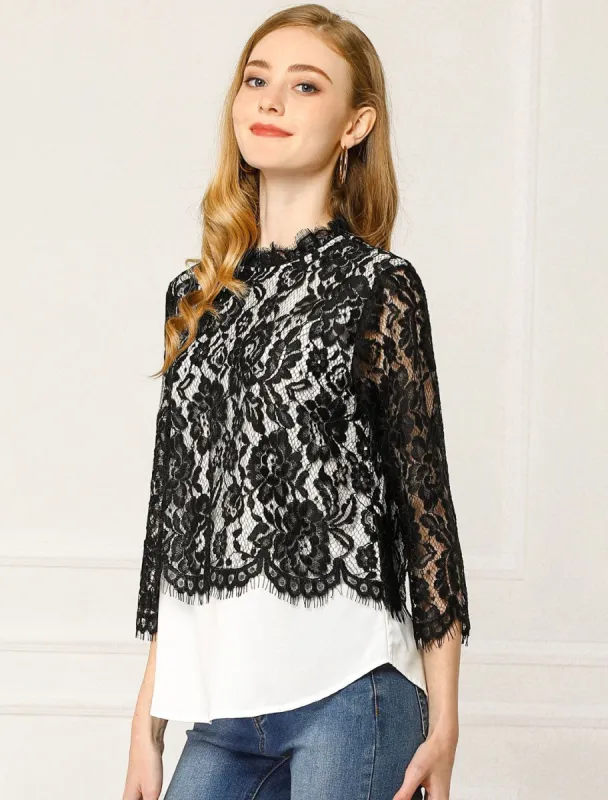 Lace Floral Trim Tops Ruffle Neck See-Through Blouse sold by Allegra K