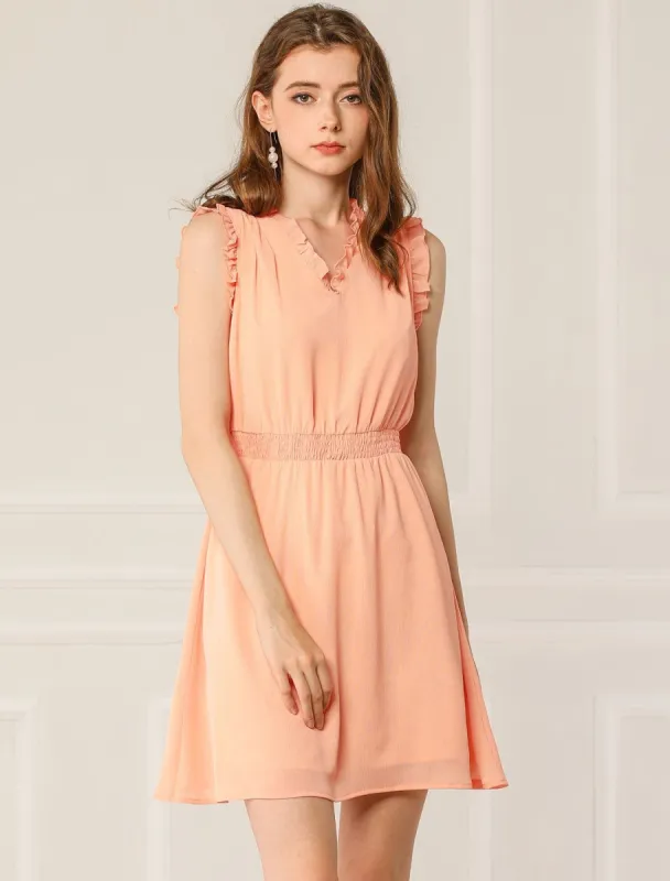 Sleeveless Ruffle V Neck Chiffon Smocked Waist A-Line Dress sold by Allegra K