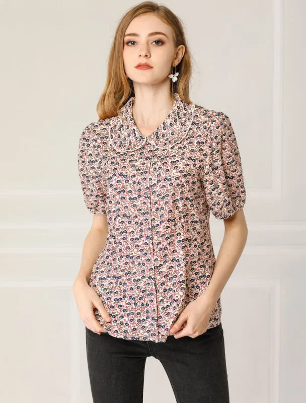 Ruffle Peter Pan Collar Button Down Puff Sleeve Floral Print Shirt sold by Allegra K