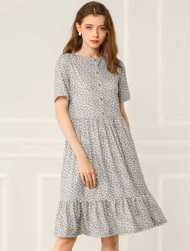 Floral Print Short Sleeve Button Decor Loose Ruffle Hem Midi Dress sold by Allegra K