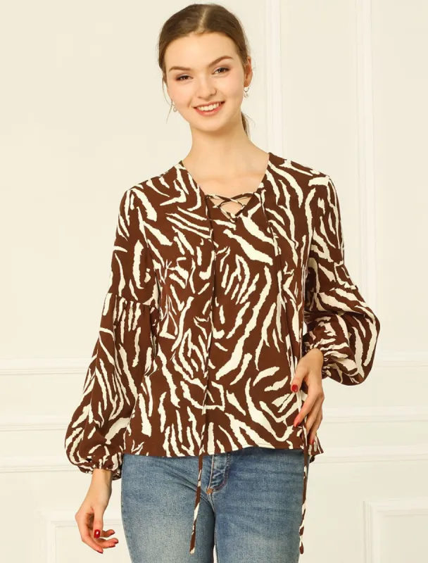 Fall Tie Neck Top Bishop Long Sleeve Loose Zebra Print Blouse sold by Allegra K